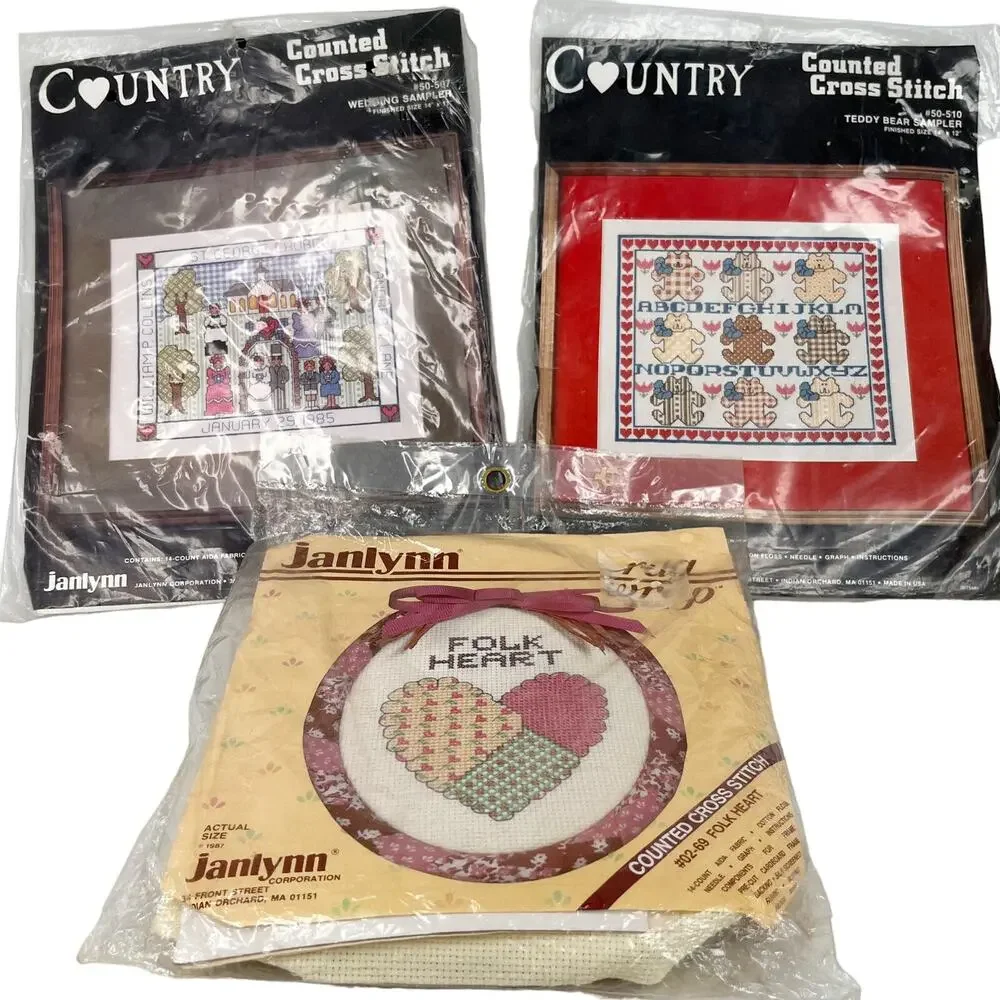 Vintage Lot 3 Janlynn Counted Cross Stitch Kits Wedding Bears Heart